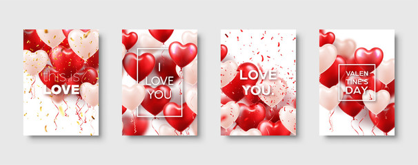 Valentines Mothers day modern abstract card template poster or banner with red heart balloons. Romantic wedding love background. Vector set.