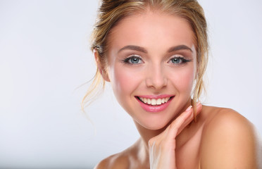 Portrait of beautiful woman on white background .