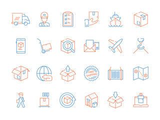 Delivery symbols. Shipping fast courier cargo freight logistics international process vector colored linear icons. Shipping transport international collection line icon illustration
