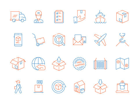 Delivery symbols. Shipping fast courier cargo freight logistics international process vector colored linear icons. Shipping transport international collection line icon illustration
