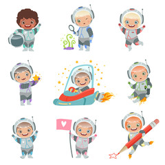 Childrens in space. Kids astronauts funny vector characters in rocket cosmonaut. Rocket and astronaut kids, cosmonaut and spaceship illustration