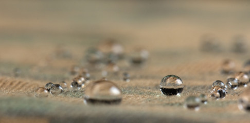 Water droplets on moisture resistant fabric Close up