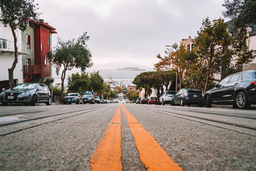 September 10, 2018. San Francisco, USA. Amazing San Francisco road view along the traditional cable...
