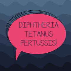 Word writing text Diphtheria Tetanus Pertussis. Business concept for vaccines against three infectious diseases Blank Oval Outlined Solid Color Speech Bubble Empty Text Balloon photo