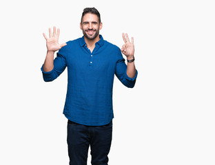 Young handsome man over isolated background showing and pointing up with fingers number eight while smiling confident and happy.