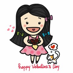 Cute girl in love holding roses bouquet  Happy Valentine's Day cartoon illustration