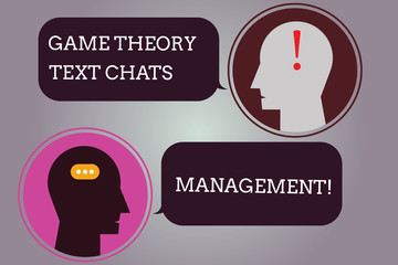 Conceptual hand writing showing Game Theory Social Media Management. Business photo text Gaming innovation marketing strategies Messenger Room with Chat Heads Speech Bubbles Punctuations