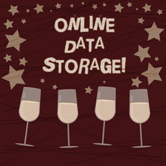 Conceptual hand writing showing Online Data Storage. Business photo showcasing store with third party service accessed via Internet Filled Cocktail Wine with Scattered Stars Confetti Stemware