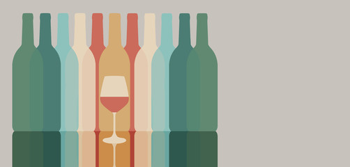 Colorful silhouettes of wine bottles are seen with one glass of wine. Muted colors.