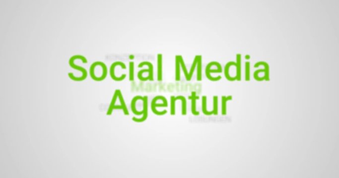 Animation welche die Leistungen einer Social Media Agentur zeigt (z.B. Analyse, Performance, Wettbewerb, Content). Grauer Hintergrund, gr&uuml;ner Text