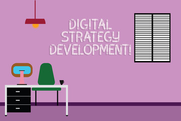 Text sign showing Digital Strategy Development. Conceptual photo maximizing the business benefits assets Work Space Minimalist Interior Computer and Study Area Inside a Room photo
