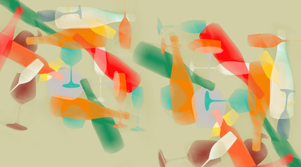 Glasses and wine bottles are seen in abstract motion and color in this illustration