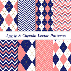 Navy Blue, White and Coral Pink Chevron and Argyle Vector Patterns with Gold Accent Lines Preppy Fashion Fabric Prints. Girly Golf Style Backgrounds. Repeating Pattern Tile Swatches Included.