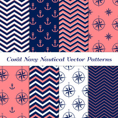Fototapeta premium Nautical Patterns in Navy Blue, Coral Pink and White Chevron, Anchors and Compasses. Girly Marine Theme Backgrounds. Vector Repeating Pattern Tile Swatches Included.