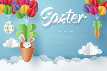 Paper art of Bunny in carrot and Easter eggs hang on colorful balloons, Happy Easter celebration concept - 247485531