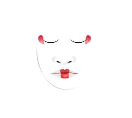 This is an illustration of a Japanese geisha's unusual facial makeup. Here lips and eyes are carefully defined in red with a fine tipped brush dipped in makeup. This is isolated on white background.