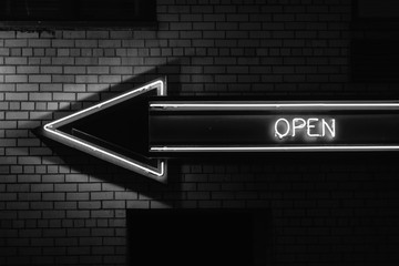 "Open" neon sign in the East Village, Manhattan, New York City