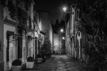 Via della Paglia at night, in Trastevere, Rome, Italy.