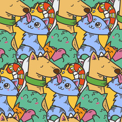 Naklejka premium Seamless pattern with cute domestic animals. Kawaii doodle pets