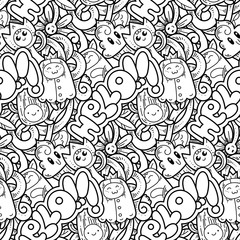 Seamless vector pattern with cute cartoon monsters and beasts. Nice for packaging, wrapping paper, coloring pages, wallpaper, fabric, fashion, home decor, prints etc