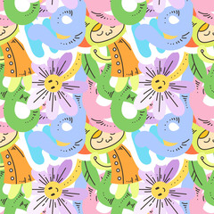 Seamless vector pattern with cute cartoon monsters and beasts. Nice for packaging, wrapping paper, coloring pages, wallpaper, fabric, fashion, home decor, prints etc