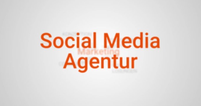 Animation welche die Leistungen einer Social Media Agentur zeigt (z.B. Marketing, Konzeption, Strategie, L&ouml;sungen). Grauer Hintergrund, oranger Text