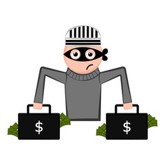 Unsatisfied thief cartoon with a money briefcases. Vector illustration design