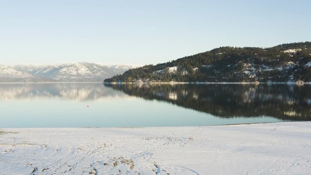 Snowy Park Lake Shore Aerial Drone Landscape Sandpoint Idaho USA