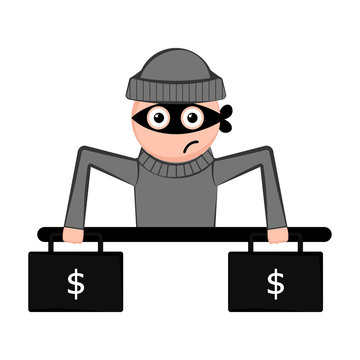 Unsatisfied thief cartoon with a money briefcases. Vector illustration design