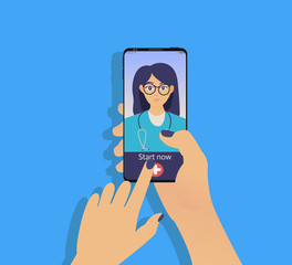 Online medical consultation with smartphone, mobile realistic style, bptton "Start Now", doctor. Vector illustration. Blue background.