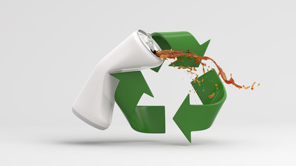 Green recycle logo with splash water on white background 3D Render