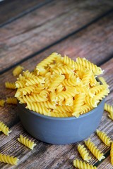Close up of uncooked pasta fusilli in the bowl