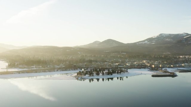 Hyperlapse Stabilized Sandpoint Idaho Waterfront Winter Sunset Sun Flare Aerial Drone Time Lapse