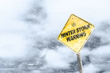 Poster Winter Storm Warning Sign With Snowfall and Stormy Background © ronniechua