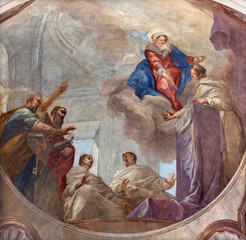 PRAGUE, CZECH REPUBLIC - OCTOBER 12, 2018:  The Fresco of symbolic teaching of Saint Thomas of Aquinas in church kostel Svatého Tomáše by Václav Vavřinec Reiner (1689 - 1743).