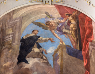 PRAGUE, CZECH REPUBLIC - OCTOBER 12, 2018:  The Fresco of vision of Saint Thomas of Aquinas in...