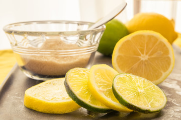 Lemon and Lime Slices in Front of Whole Fruit and Sugar