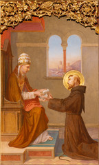 PRAGUE, CZECH REPUBLIC - OCTOBER 12, 2018: The painting St. Francis before pope (foundation of...