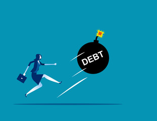 Businesswoman kicking a giant debt away. Concept business vector, Debt, Challenge, Risk.