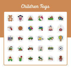 Children Toys Icons Set - Toy and Doll Icon Set With Outline Filled Style