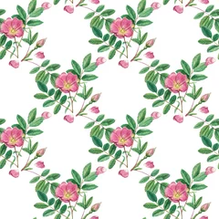 Fotobehang Seamless pattern with watercolor dog rose flowers © Yuliya
