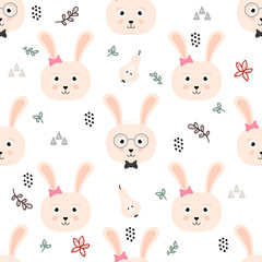 Cute Scandinavian rabbits seamless pattern background.