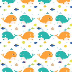 Cartoon whales with fish,  sea seamless pattern. Sea and summer background.