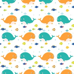 Wall murals Sea animals Cartoon whales with fish,  sea seamless pattern. Sea and summer background.