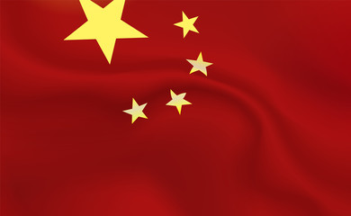 Background China Flag in folds. Red banner. Pennant with stars concept up close, standard Chinese national Republic. PRC illustration. Realistic soft shadows. Vector eps10