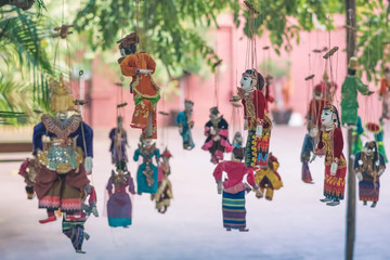 Traditional handicraft puppets for sale  in the ancient pagoda in Bagan, Myanmar