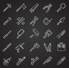 Tools icons line set on black background for graphic and web design, Modern simple vector sign. Internet concept. Trendy symbol for website design web button or mobile app
