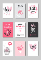 set different love greeting cards happy valentines day concept pink heart shapes hand drawn doodle style postcard collection