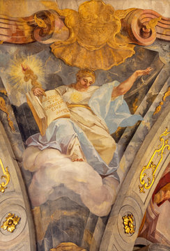 PRAGUE, CZECH REPUBLIC - OCTOBER 18, 2018: The fresco of  cardinal virtues of Love in church Kostel Svaté Kateřiny Alexandrijské by Václav Vavřinec Reiner (1689 - 1743).