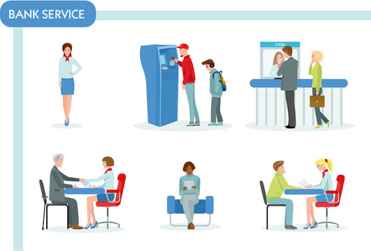 Bank staff and clients in bank office. Finance management concept flat design. Business and queue, workplace and discuss, atm and working manager, Colorful vector illustration in flat cartoon style.